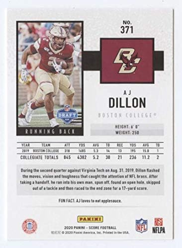 2020 Резултат 371 AJ Dillon RC Rookie Boston College Eagles Football Trading Card