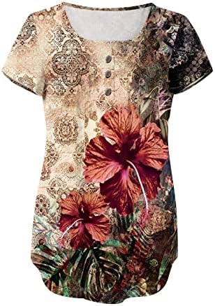 Цветна печатена маица за жени 2023 скриј стомак туника лето симпатична проточна хенли маичка кратки ракави обични блузи