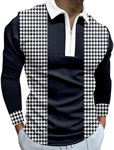 Zddo Zipper Polo кошули за мажи со долг ракав, обичен тенок тенок фиб, карид шарен тренинг спорт, спортски голф лапел, врвови