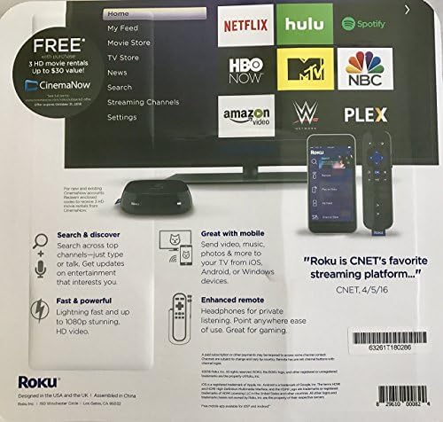 Roku 3 Streaming Media Player со гласно пребарување во комплет со HDMI кабел и 3 HD филмови за изнајмување со Cinemanow