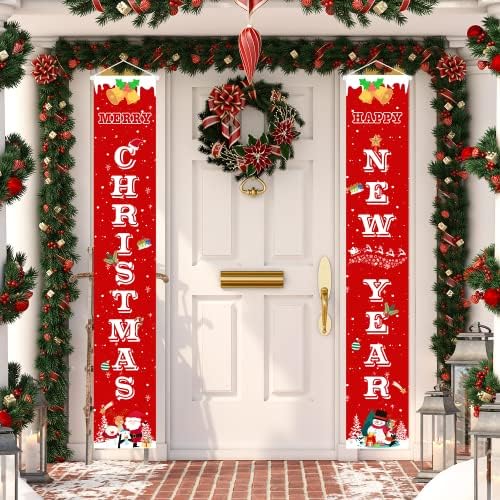 Божиќни Украси Среќен Божиќен Банер Божиќен Знак На Вратата На Тремот-Црвени Божиќни Украси На Отворено, Висечки Банер За Добредојде Среќен Новогодишен