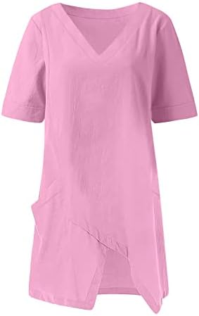 Врвови за жени памучни постелнини блузи случајни кратки ракави v вратот Туника маички плус големина цврсти кошули во боја со џебови