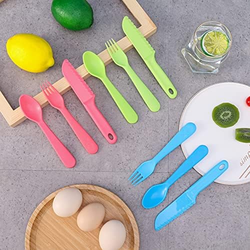 Детски прибор - awубуш 9 парчиња пластични прибор за дете со ножеви вилушка и лажици, детски сребрени производи со безбедни ножеви