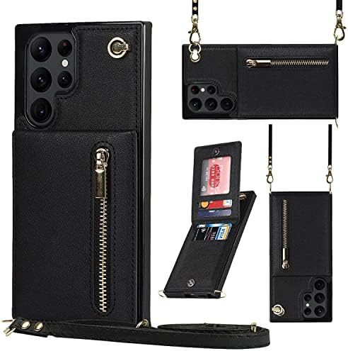 Кутија за паричник DEFBSC за Samsung Galaxy S22 Ultra, Pu Lanyard Deck Strap Case со држач за картички за патент на патент, прилагодлив одвојлив ѓердан заштитен заден капак-црна црна боја