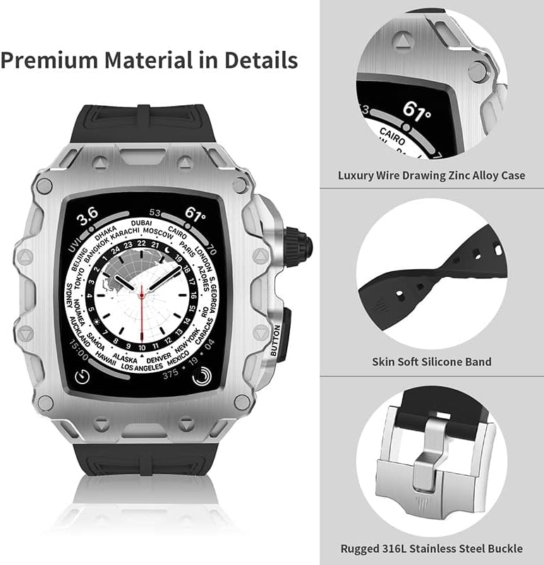 Гумав каиш CNHKAU+Комплет за модификација на метал за Apple Watch Band 44mm 45mm SE 7 6 5 4 Луксузен модифициран DIY Watchband за iwatch 45mm 44mm