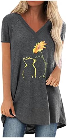 Дами кошула со кратки ракави памук vneck Сонцето мачка сончоглед цветна графичка каваи обична врвна маичка за тинејџери во девојки во