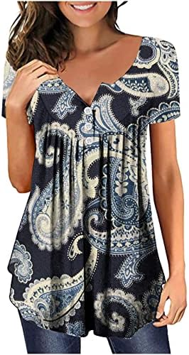 Кошули за жени лето печатено скриено стомак туничен тркалезен врат копче плетиран проточен маичка со кратки ракави со кратки ракави