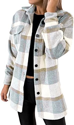 Женска фланела карирана јакна за шахта, обичен плус големина блуза палто со единечна града волна мешавина од кошула јакна од кошула
