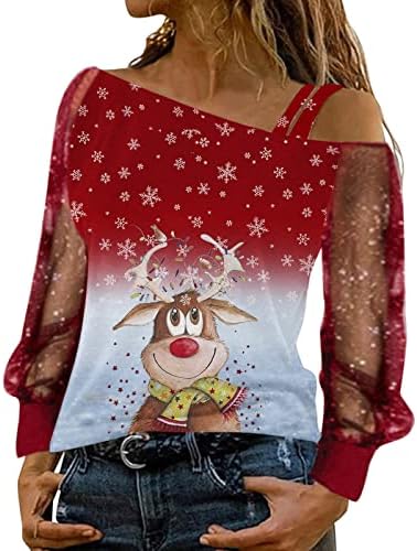 Womenените модни обични Божиќни печати ладно рамо со долги ракави за крпеница врвна облека