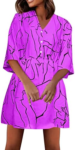 Womenенски обичен летен фустан против вратот Солд боја три четвртина ракав крпеница на плажа фустан од садска вратоврска миди