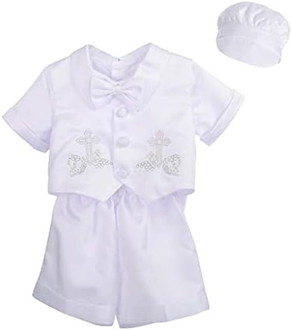 Облека за крштевање облека за крштевање на облека за новороденчиња од новороденче 4 парчиња поставени со капа на хауба, кратки ракави