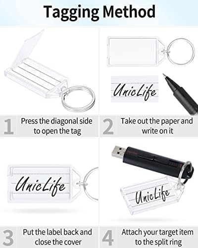UnicLife 20 парчиња клучни ознаки 2 инчи пластични клучеви со ознаки со расправани етикети со празна хартија, транспарентни капаци и поделени