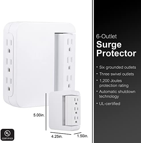GE Pro 6-Outlet Extender Surder Protector & GE Pro Side-Access Swivel Surge Protecto, 1200 Joules, UL наведен, бел, 39226