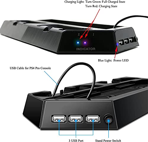 Навор Мултифункционална Вертикална Станица За Полнење Со Двојно Ладење Компатибилна СО PS4/PS4 Слим/PS4 Pro, 3 Дополнителна USB Порта