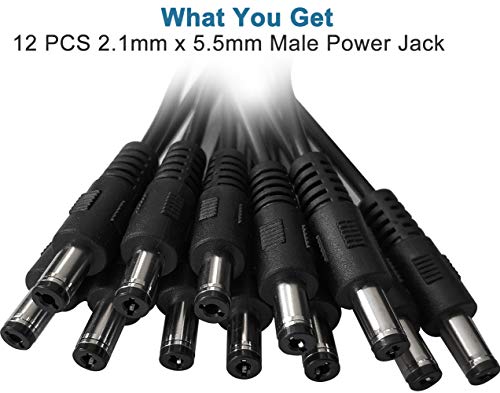 12 пакет DC кабел за напојување 12V DC, приклучок за напојување, машки конектори 2.1 mm x 5,5 mm DC Pigtail Barrel Barrel Jack приклучок за приклучок за безбедносна камера за CCTV, DVR, видео за