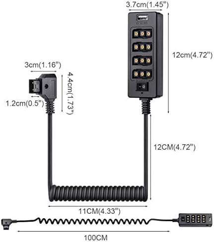 Fomito DTAP Splitter Cable со прекинувач за напојување Д-ТАП за V-Mount V-Lock, Gold Mount Battery на 3P X 4 Femaleенски порта и USB за LCD монитор, LED видео светло, BMPCC 4K 6K, ARRI црвена камера и паметен теле
