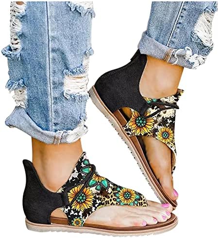 Beensilie Women's'sенски 2023 летни рамни сандали сончогледни печатени флип флоп боемски стил удобни рамни сандали на плажа за жени