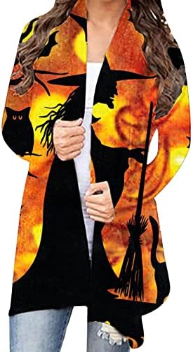Женски обичен класичен Ноќта на вештерките кардиган долг ракав 3Д блузи со целосен печатење Гроздобер Отворен преден мантил за жени