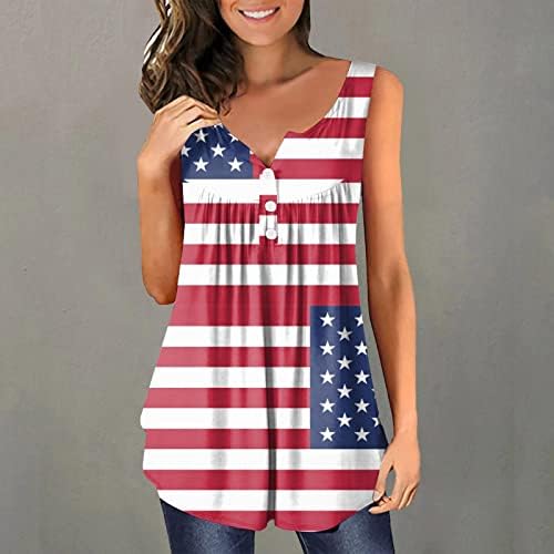 4 јули Туника Блузи За Жени Американско Знаме Скриј Стомакот Маица Лето Повик Краток Ракав Копче Нагоре V - Вратот Блуза Врвот