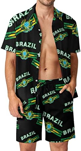Бразилско знаме за мажи со 2 парчиња плажа на Хавајски копче надолу со кошула со кратки ракави и костуми за шорцеви