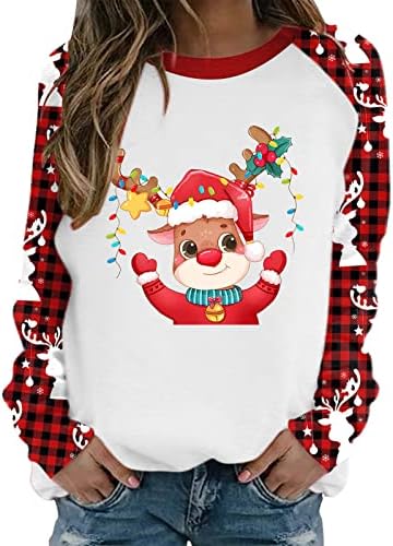 Божиќна маичка за жени симпатична печатена пулвер, врвен Божиќ, обичен плус џемпер со големина џемпер со долги ракави џемпери