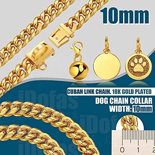 Јака од златен кучиња од идофас 10мм кубанска врска кучиња јака од не'рѓосувачки челик златен ланец, кучиња ланци јаки силни