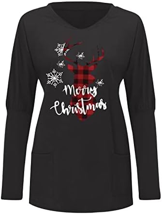 Среќни Божиќни туники Дреј врвови за жени лабава пулвер, џемпер, маички со маички, карирани елка графички подарок блуза