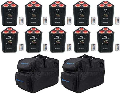 10 Rockville RF клин црн RGBWA+UV батерија безжична DMX Up Lights+торби+далечински управувачи