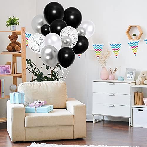 Комплет за лакови од црно сребро балон, 100 парчиња бели сребрени конфети и метални балони на забави за латекс за свадби за роденденски