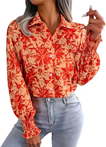Womenените врвови Spandex женски печати боја v вратот со долга ракав блуза шифон обична модна кошула врвови дополнително мали