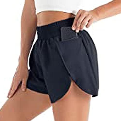 lcepcy zipper Телефонски џеб, кои трчаат шорцеви, жени удобни еластични тренинзи со висок половината, атлетски шорцеви со лагер за мрежи
