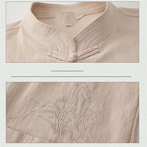ДХТДВД летни машки памук со кратки ракави со кратки ракави на кинески стил средовечен и постар татко везена кошула постелнина костум