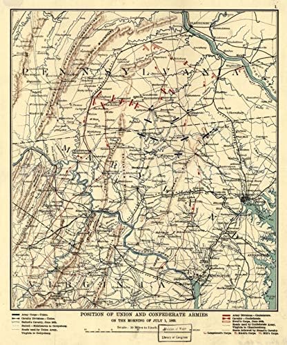 1863 мапа | Позиција на армиите на Унијата и Конфедерацијата утрото на 1 јули 1863 година | Земи