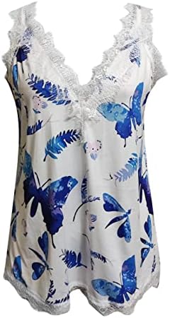 Скалопирана чипка против врвовите на вратот за жени мода со цветни печати без ракави лето лето лабава удобна тунична блуза
