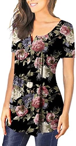 Маичка за џемпери за жени пулвер тока V-врат со кратки ракави кошули со цвеќиња, цветни обични пролетни летни спортови блузи