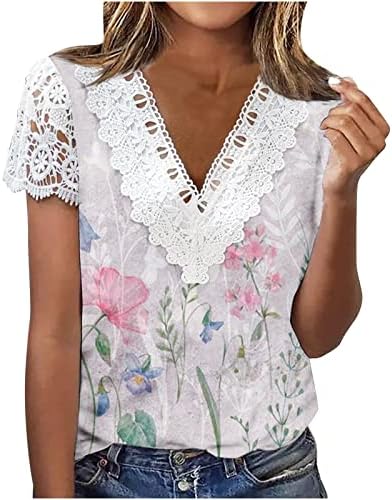 Женска летна модна маица V вратот цветни печати кошули чипка крпеница кратки ракави маички врвови облечени блузи