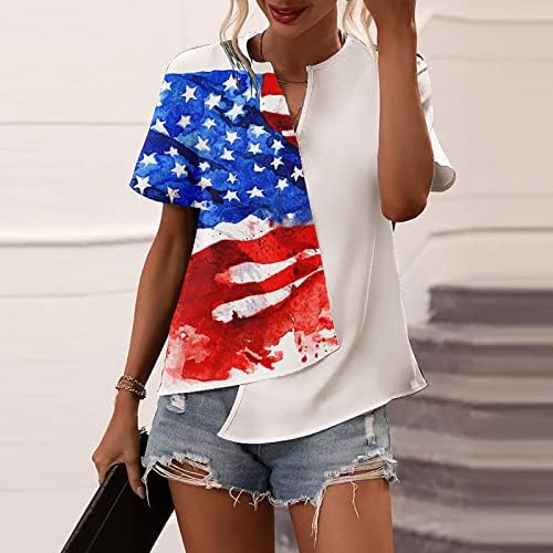 Патриотски кошули за жени маички со знамиња во САД Неправилни HEM V вратот Кратки ракави блузи starsвезди ленти со вратоврска-дина