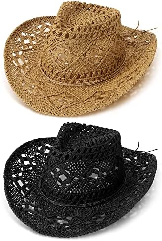 Didaey 2 парчиња ткаени слама каубојска капа за жени широки облици каубојски капа западно каубојски капа мажи жени слама капа за пешачење риболов