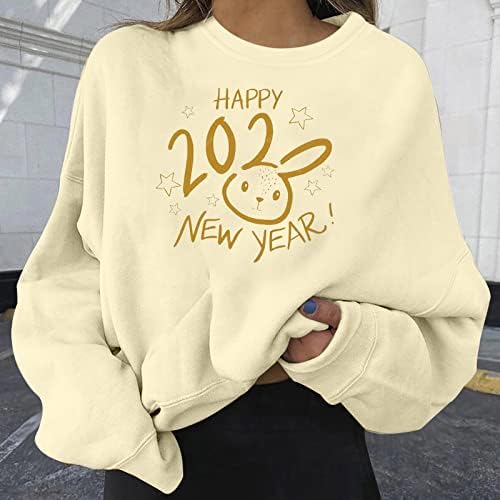 Среќна нова година преголеми врвови за жени Симпатична зајаче зајак печати кошули со долг ракав лабава удобна пулвер тунична блуза