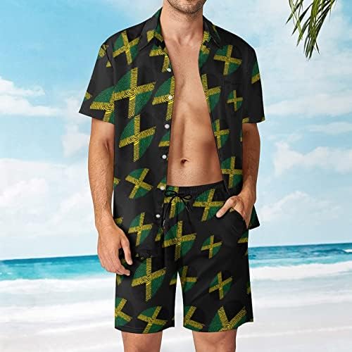 Јамајка знамето со прсти мажи 2 парчиња хавајски постави копче-долу кошули со кратки ракави, панталони за плажа лабави вклопувачки
