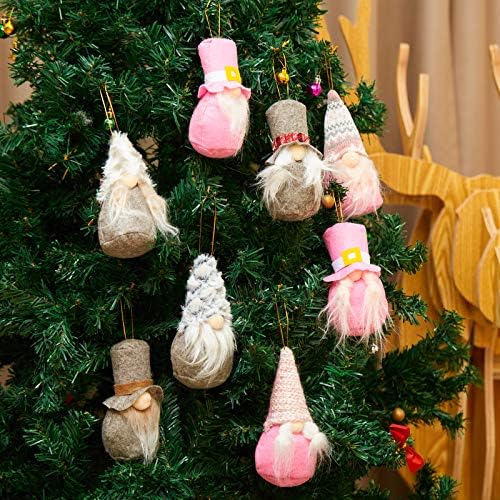 8 парчиња розови и сиви гноми Божиќни украси Шведски Том Гном декор Рачно изработено кадифен Гонк Божиќно дрво што виси украси