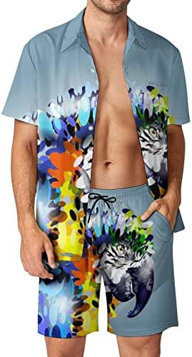 Weedkeycat Art Parrot Head Man's Man's Beach Outfits 2 Piece Hawaiian копче надолу со кошула Краток ракав и Shorts Trunk Sets