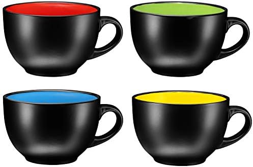 Џамбо Кафе и Комплет Житарки од 4 Џамбо Чаши, 24 Унца, Повеќенаменска Широка Кригла За Супа, Капучино, Лате Кафе, Чај, Сад Со