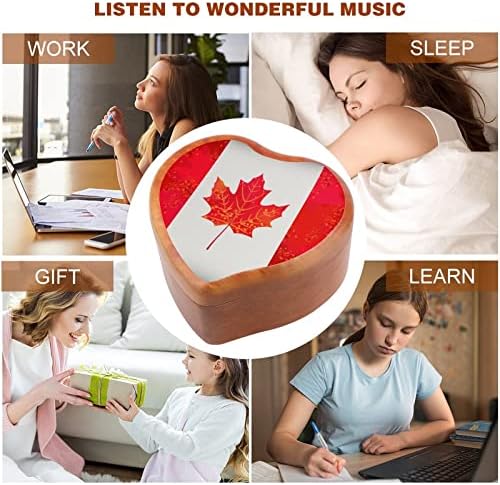 Канадско знаме на јавор Дрвена музичка кутија ветровито во форма на срце во облик на печатено музичко кутии за роденден на годишнината