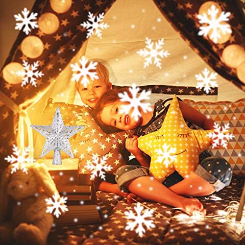 Топер за новогодишна Елка Осветлена Ѕвезда [Сребро],3д Шуплива Пенлива Ѕвезда Топер За Новогодишна Елка Со Ротирачка Магија Кул Проектор