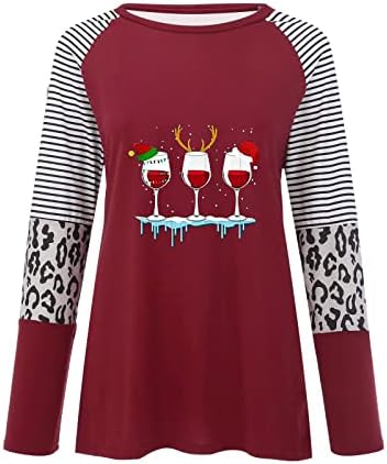 Женска Божиќна вино стаклена кошула долга ракав Божиќ Туникс врвови на обична боја блок леопард шарени раглански маички