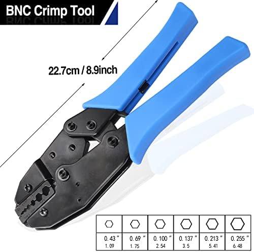 Taiss BNC Crimp алатка со 10PCS BNC конектор, коаксијална алатка за крим на BNC за RG58/RG59/RG62/RG174 +2PCS BNC кабел, RG/58U Coaxial