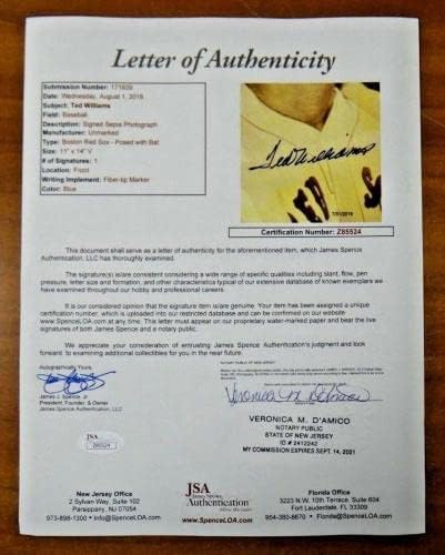Тед Вилијамс потпиша 11х14 сепија фотографија со целосна буква на ЈСА - автограмирани фотографии од МЛБ