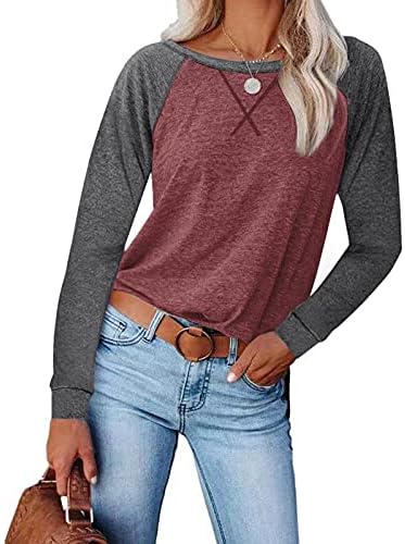 Женски обичен долг ракав со цврста боја, спојувајќи долги ракави, маица со блуза, врвови на маици за џемпери