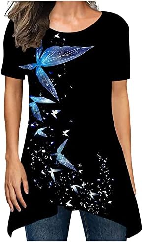 Туника на врвови за жени Пеперутка печатени тимови летни обични маички со кратки ракави со врат, симпатични проточни лабави вклопувања